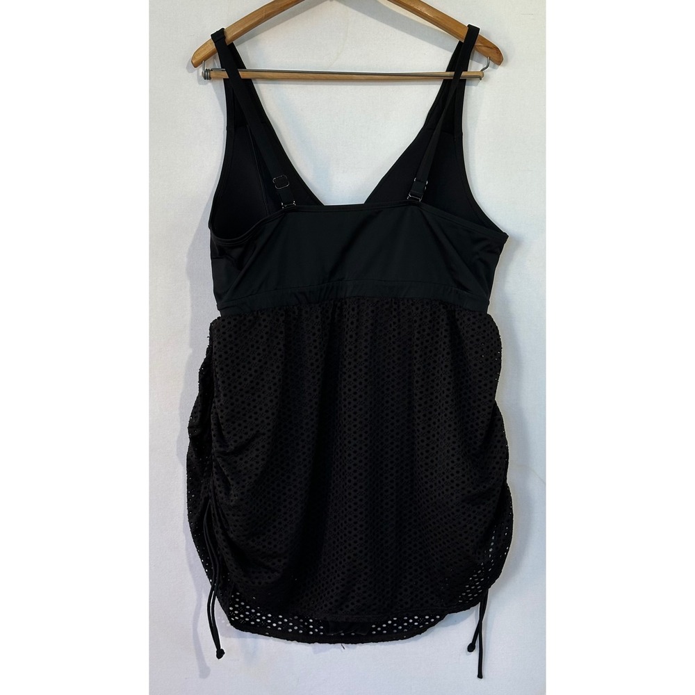 Cacique Tankini Swimsuit Mesh Ruched One Piece Womens 20 Black